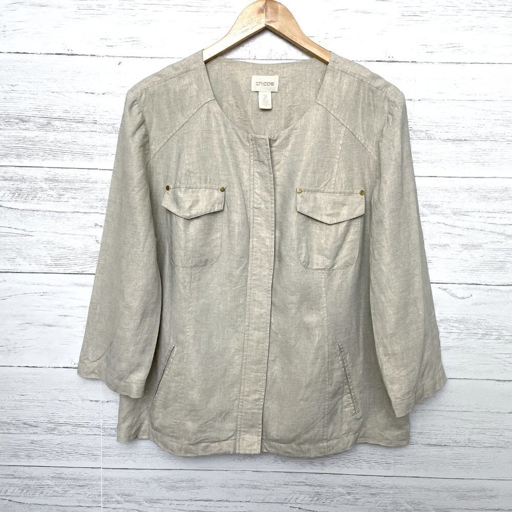 Chico's Women's Tan Linen Jacket Zipper Front Lightweight 3/4 Sleeves Large - Picture 9 of 9